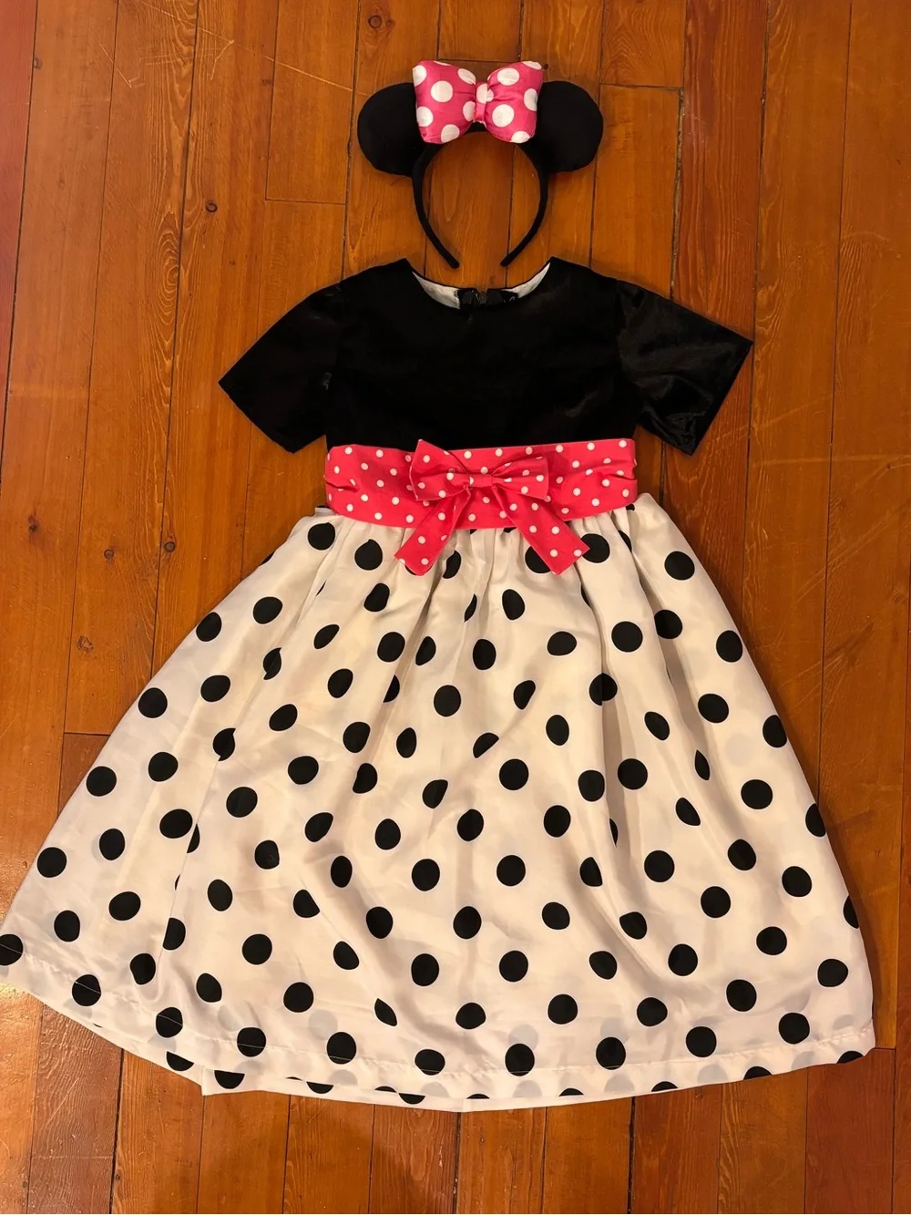 Minnie Mouse Inspired Polka Dot Dress Costume w/ Ears Pink Bow approx size 8-10